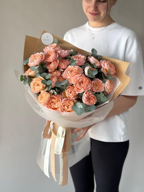 Flower bouquet with 15 peony rose and eucalyptus