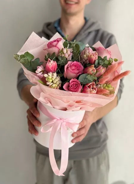 Flower bouquet "Soft look" with rose, hyacinth and tulip