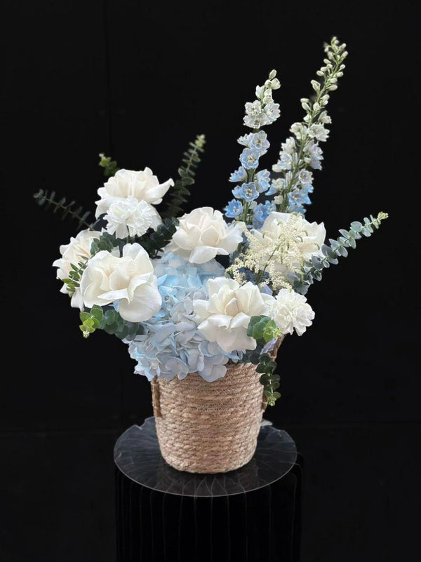 Flower pot "Dolphin smile" with delphinium, hydrangea and rose