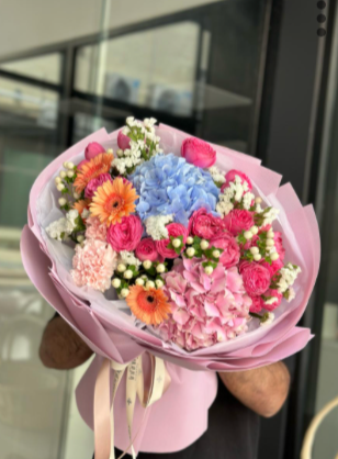 Flower bouquet "RASHA" with hydrangea, peony rose and gerbera