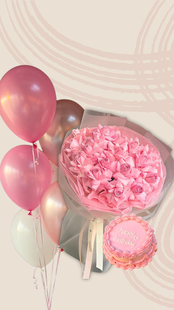 Birthday set "Party Bloom" with flower bouquet, balloons and birthday cake
