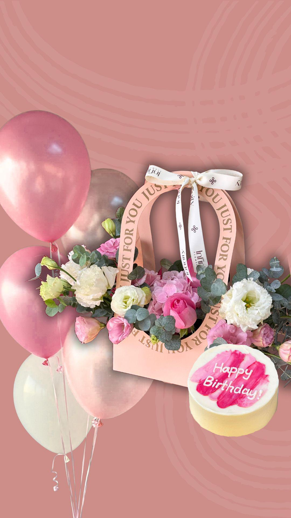 Set "Birthday Bliss" with flower bag, balloons and birthday cake