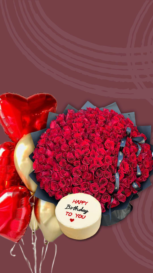 Set "Cheer up" with flower bouquet, balloons and birthday cake