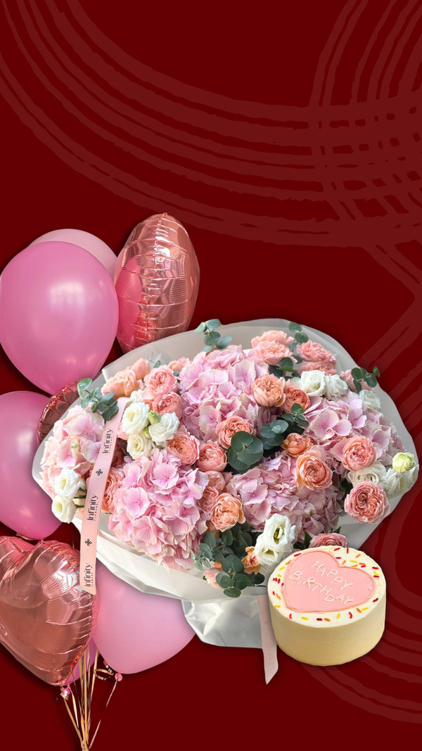 Set "Surprise" with flower bouquet, balloons and birthday cake