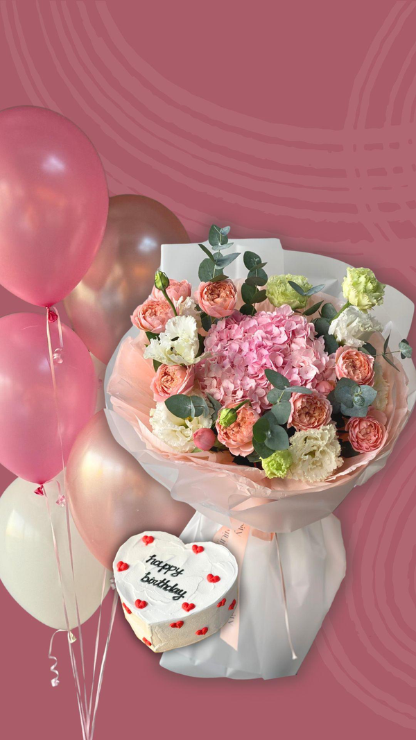 Birthday set "Festive Joy" with flower bouquet, balloons and birthday cake