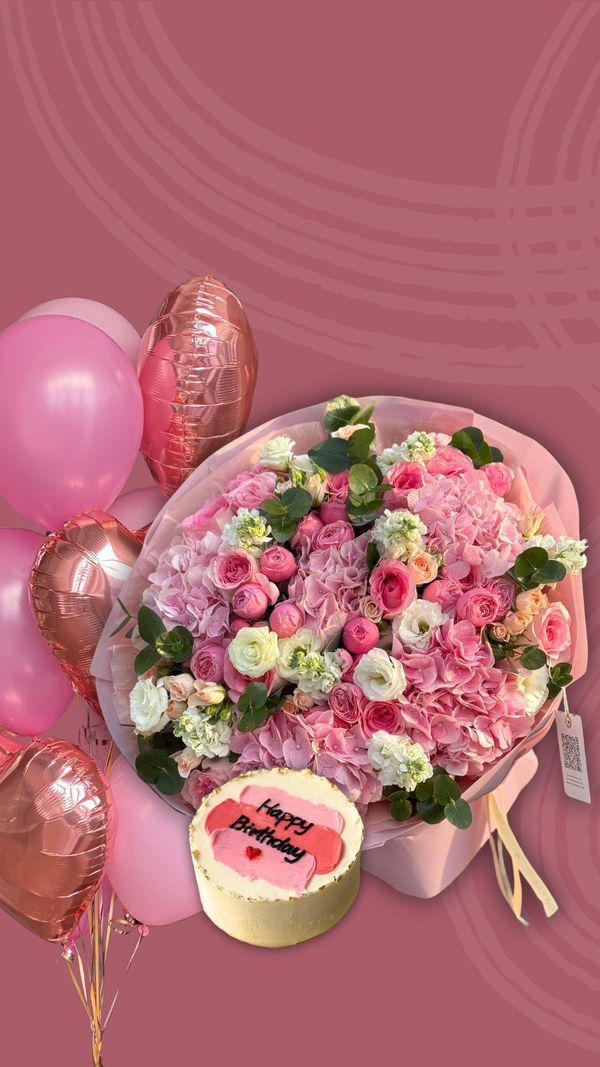 Set "Celebration Spark" with flower bouquet, balloons and birthday cake