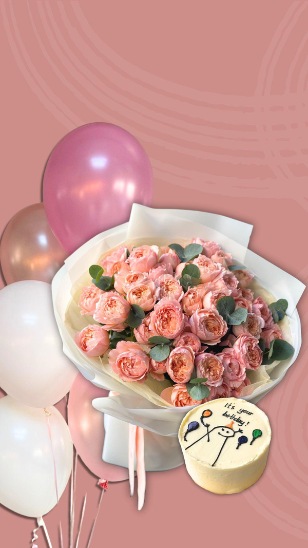 Birthday set "Happy Glow" with flower bouquet, balloons and birthday cake