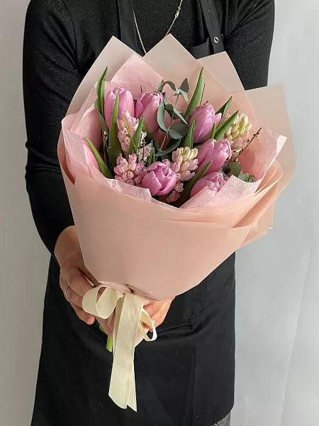 Flower bouquet "Spring Dream" with tulip, hyacinth and eucalyptus