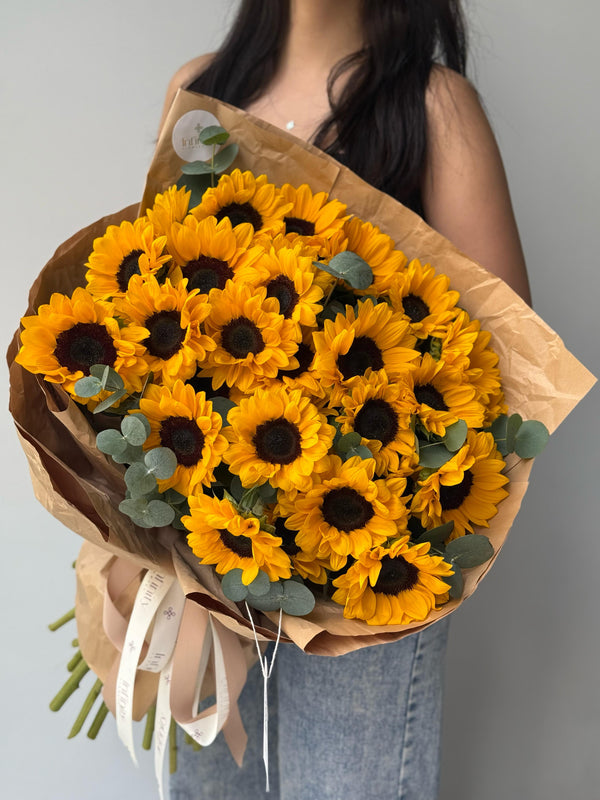 Flower bouquet with 30 sunflower with eucalyptus