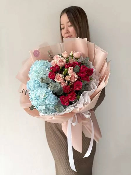 Flower bouquet "Color Palette" with hydrangea, spray rose and eucalyptus