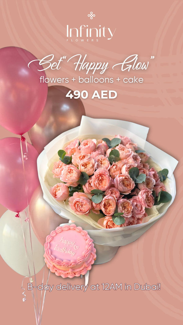 Birthday set "Happy Glow" with flower bouquet, balloons and birthday cake