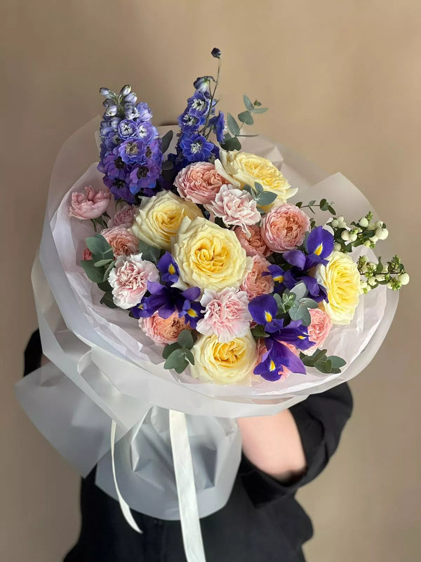 Flower bouquet "Marmalade" with iris, delphinium and peony rose