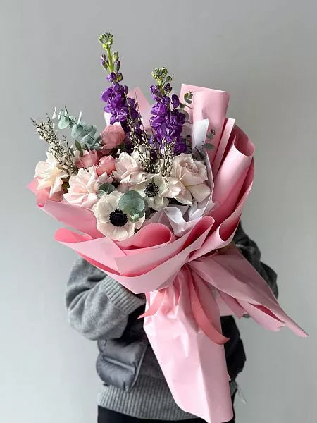 Flower bouquet "Pink dawn in the Andes" with anemone, matthiola and rose