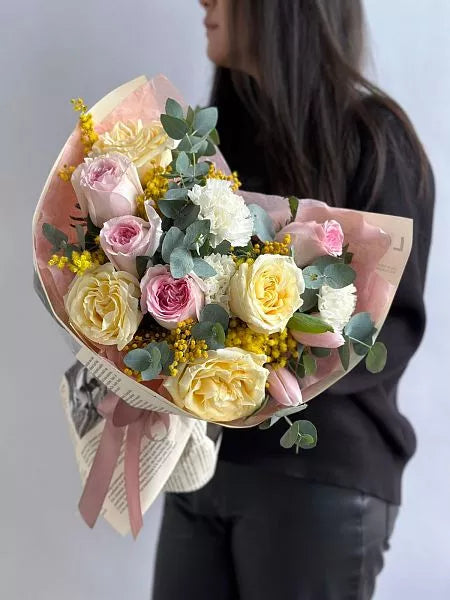 Flower bouquet "Benedetta" with rose, carnation, mimosa and tulip