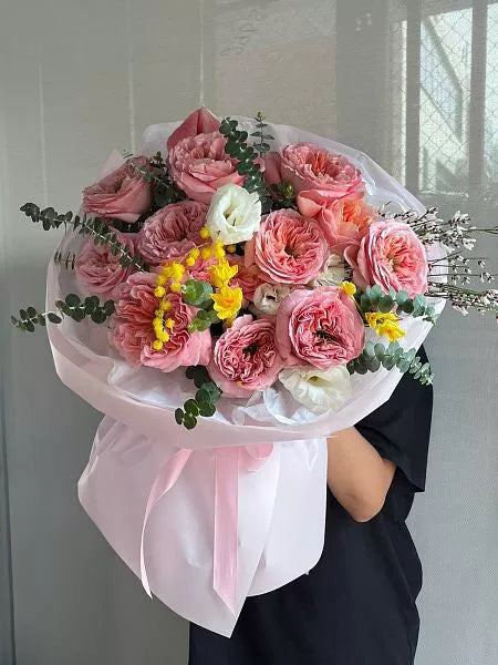 Flower bouquet "Astrid" with mimosa, anthurium, peony rose and lisianthus