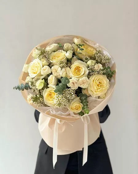 Flower bouquet "Summer Sun" with rose, chamelaucium and eucalyptus