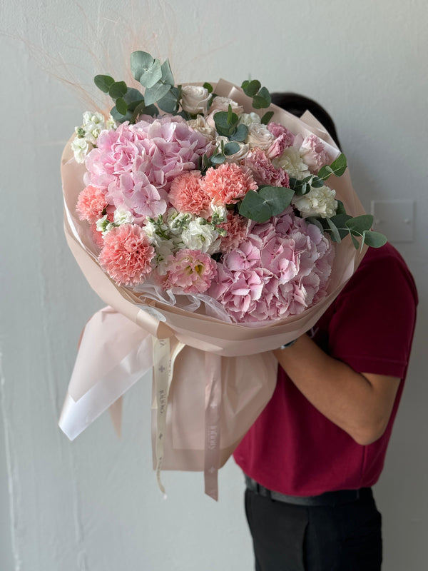 Flower bouquet "MIRAGE - 2" with hydrangea, matthiola, carnation and lisianthus