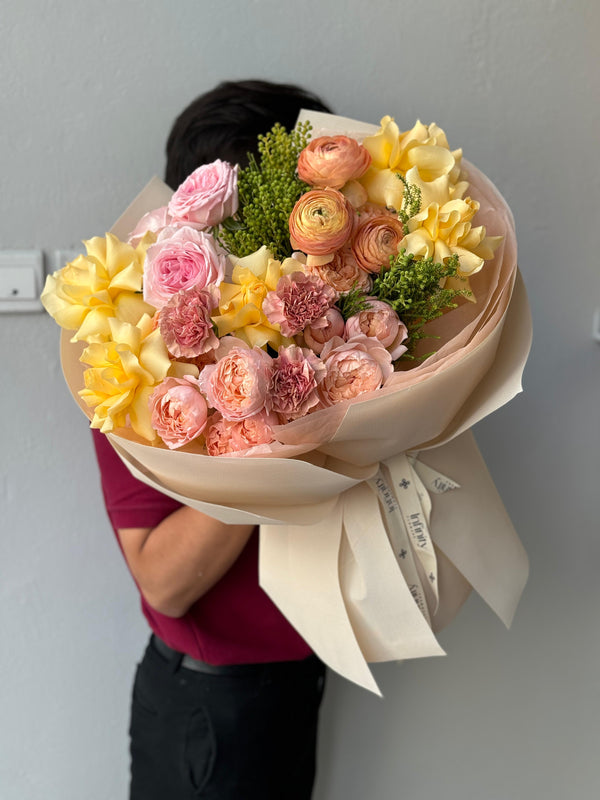 Flower bouquet "Mirage - 3" with ranunculus, peony rose and carnation