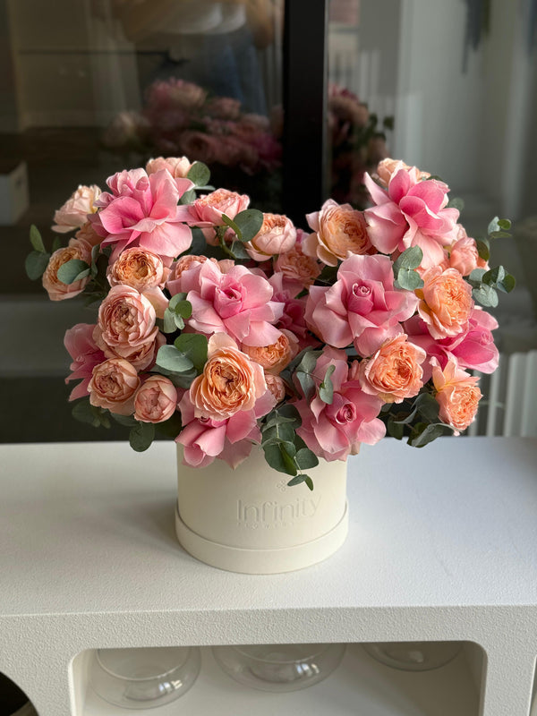 Flower box "Mirage - 4" with rose, peony rose and eucalyptus