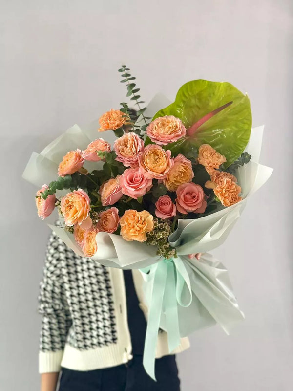 Flower bouquet "Fascinating" with anthurium, rose and peony rose