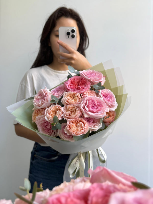 Flower bouquet "Gentle Embrace" with peony rose and eucalyptus