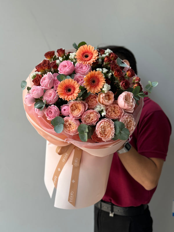 Flower bouquet "JOUMANA" with peony rose, gerbera and eucalyptus