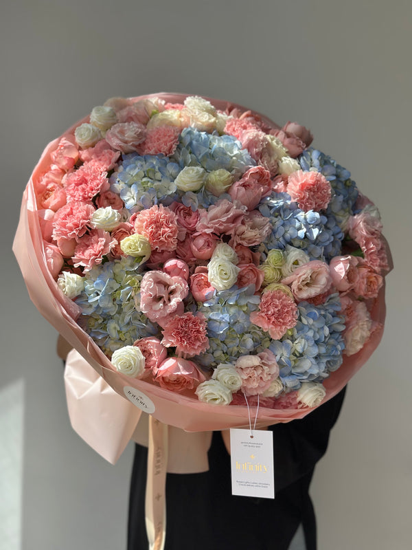 Flower bouquet "Bloom Cloud" with hydrangea, lisianthus, peony rose and carnation