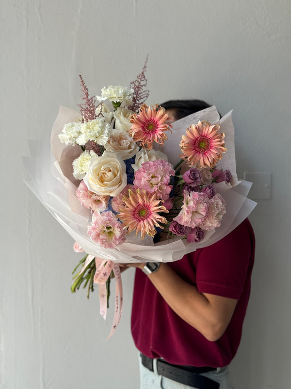 Flower bouquet "Medina" with gerbera, peony rose and carnation