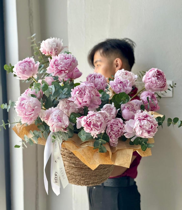 Flower bouquet "Peonies Basket" with peony and eucalyptus