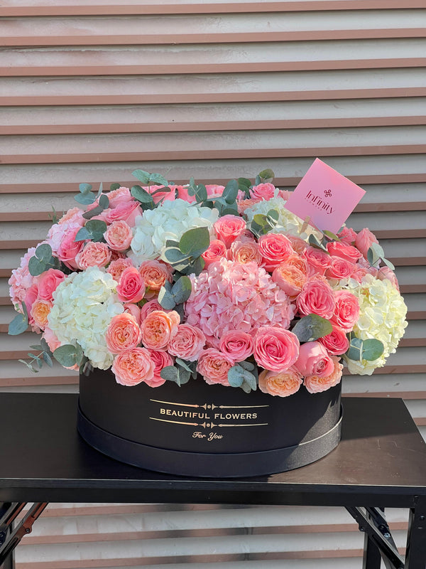 Flower VIP box "PLEASURE" with hydrangea, peony rose and eucalyptus