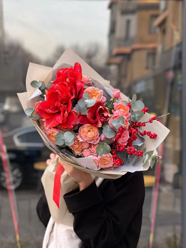 Flower bouquet "Red Flame" with amaryllis, peony rose and ilex