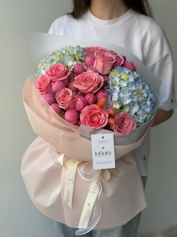 Flower bouquet "Serenade" with peony rose and hydrangea