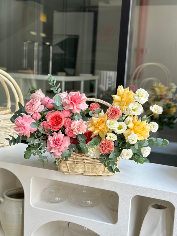 Flower basket "Spring rain" with peony rose, carnation and lisianthus