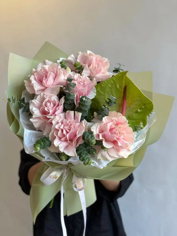 Flower bouquet "Summer Rhapsody" with anthurium, rose and eucalyptus