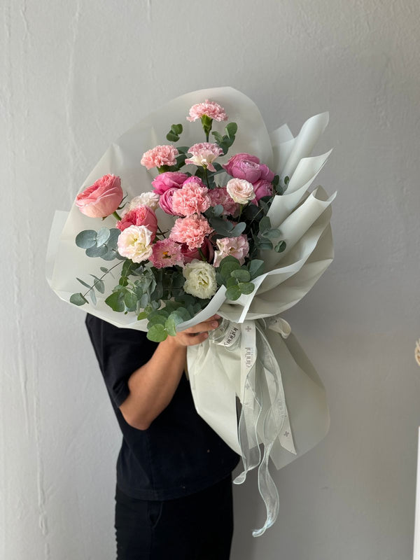 Flower bouquet "Tender Kisses" with peony rose, carnation and lisianthus