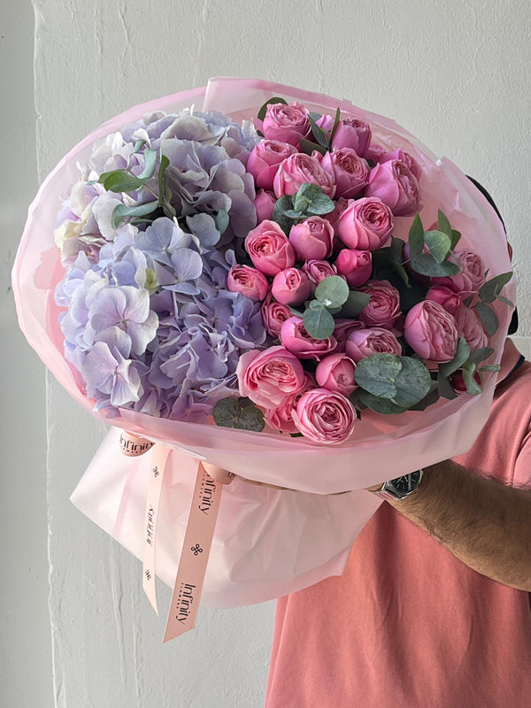 Flower bouquet "Pink love" with hydrangea, peony rose and eucalyptus