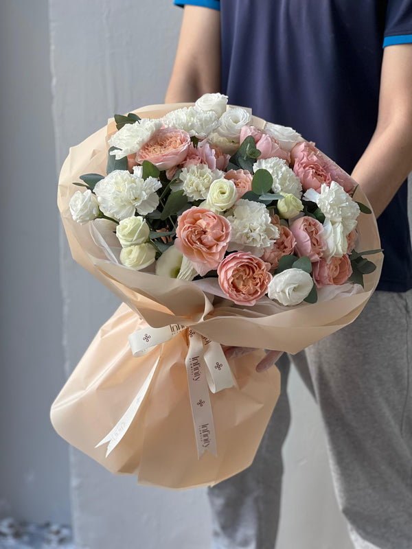 Flower bouquet "Sun in clouds" with peony rose, carnation and lisianthus