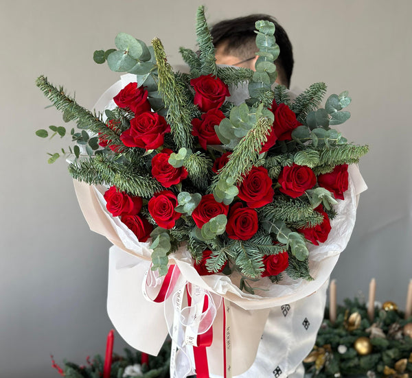 Flower bouquet "Christmas Red" with nobilis, rose and eucalyptus