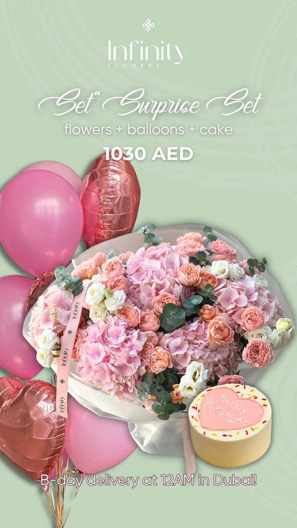 Set "Surprise" with flower bouquet, balloons and birthday cake