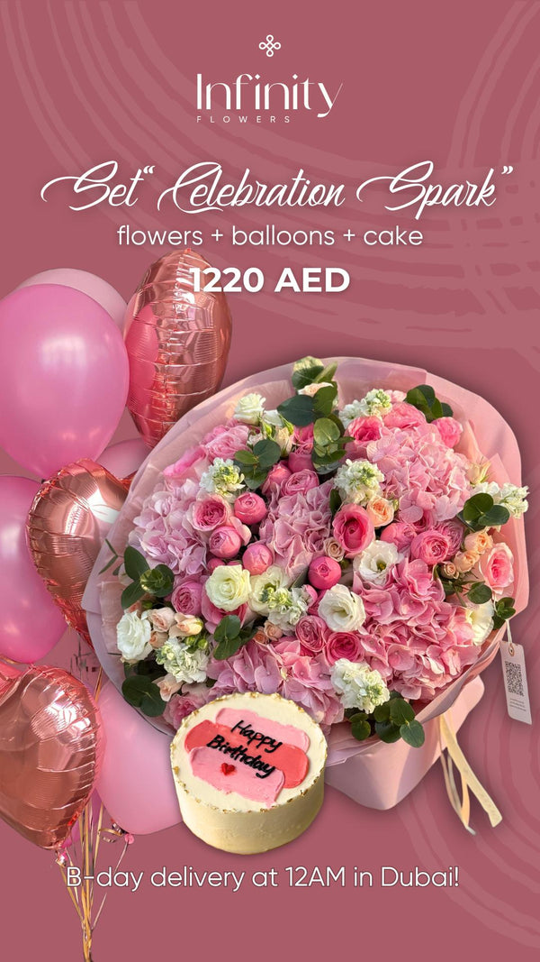 Set "Celebration Spark" with flower bouquet, balloons and birthday cake