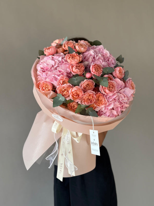 Flower bouquet "Infinity" with hydrangea, peony rose and eucalyptus