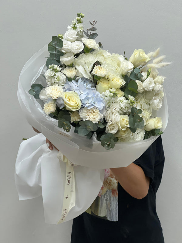 Flower Bouquet "Ethereal Touch" with rose, carnation, lisianthus, hydrangea, lagurus and matthiola