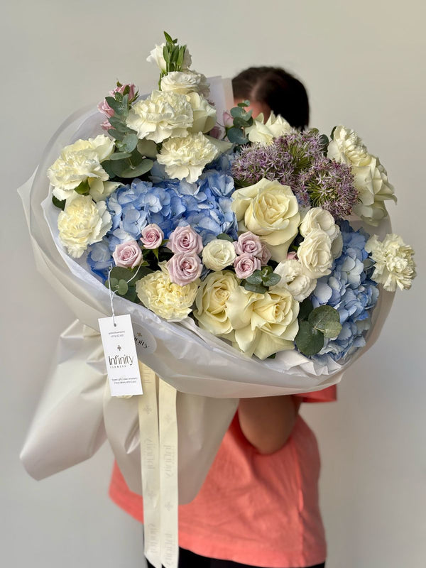 Flower Bouquet "Cloud Serenade" with hydrangea, lisianthus, carnation and rose