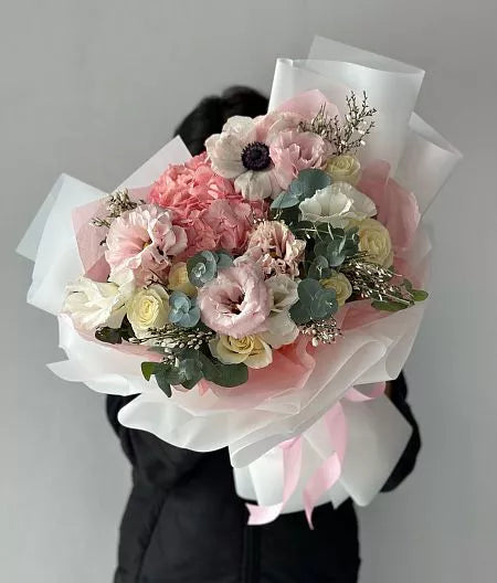 Flower bouquet "Pastel Breeze" with anemone, hydrangea, lisianthus and rose