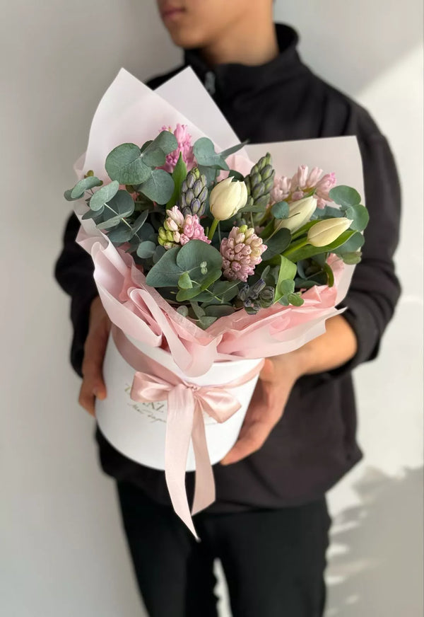 Flower bouquet "Petals of Love" with hyacinth, tulip and eucalyptus