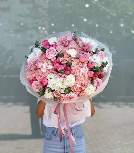 Flower bouquet "Madrid" with orchid, hydrangea, peony rose and carnation