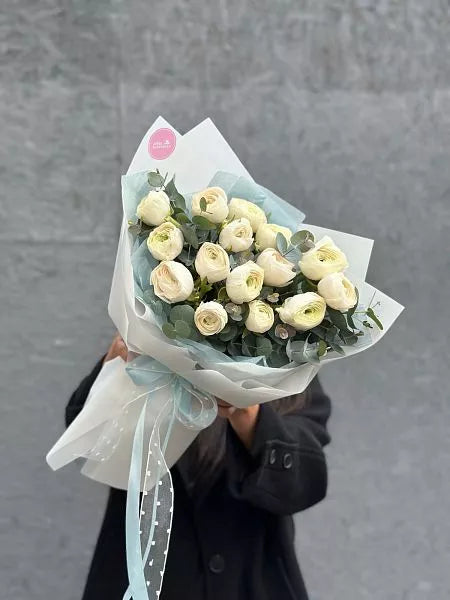 Flower bouquet "White Fairy Tale" with ranunculus and eucalyptus