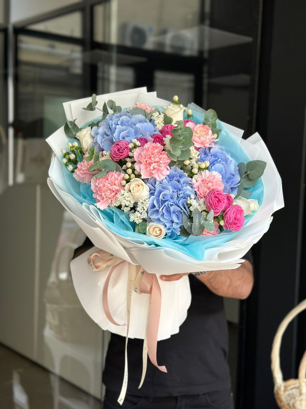 Flower bouquet "KHADIJA" with hydrangea, carnation and peony rose